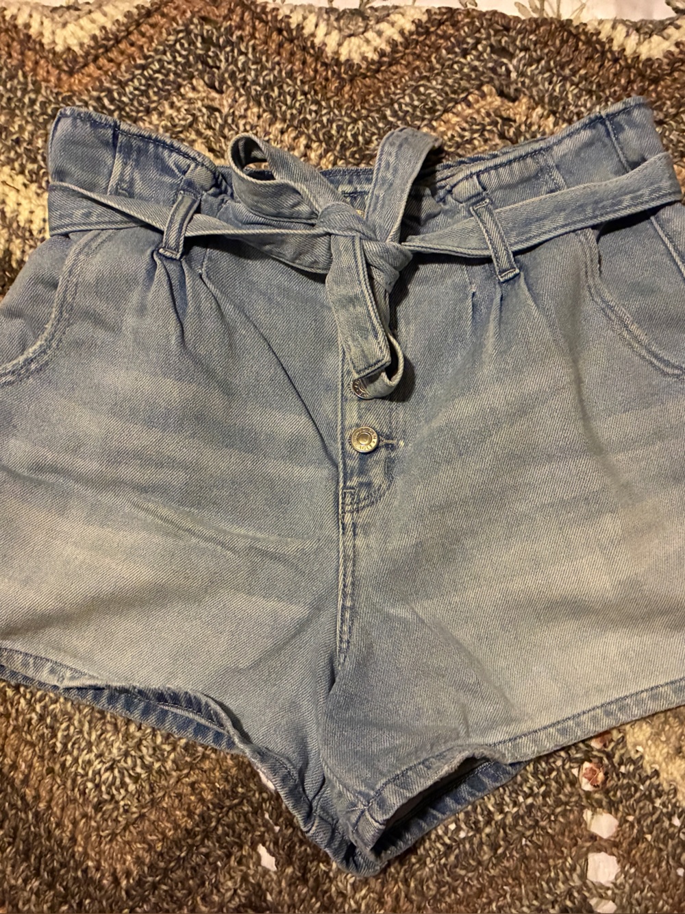 American Eagle Outfitters Light Blue Paperbag Waist Jean Shorts with Tie